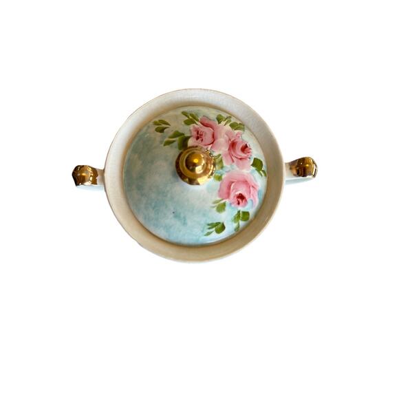 Hand Painted Porcelain Sugar Or Honey Bowl Lid Blue Pink Roses Gold Trim Signed - Picture 4 of 16